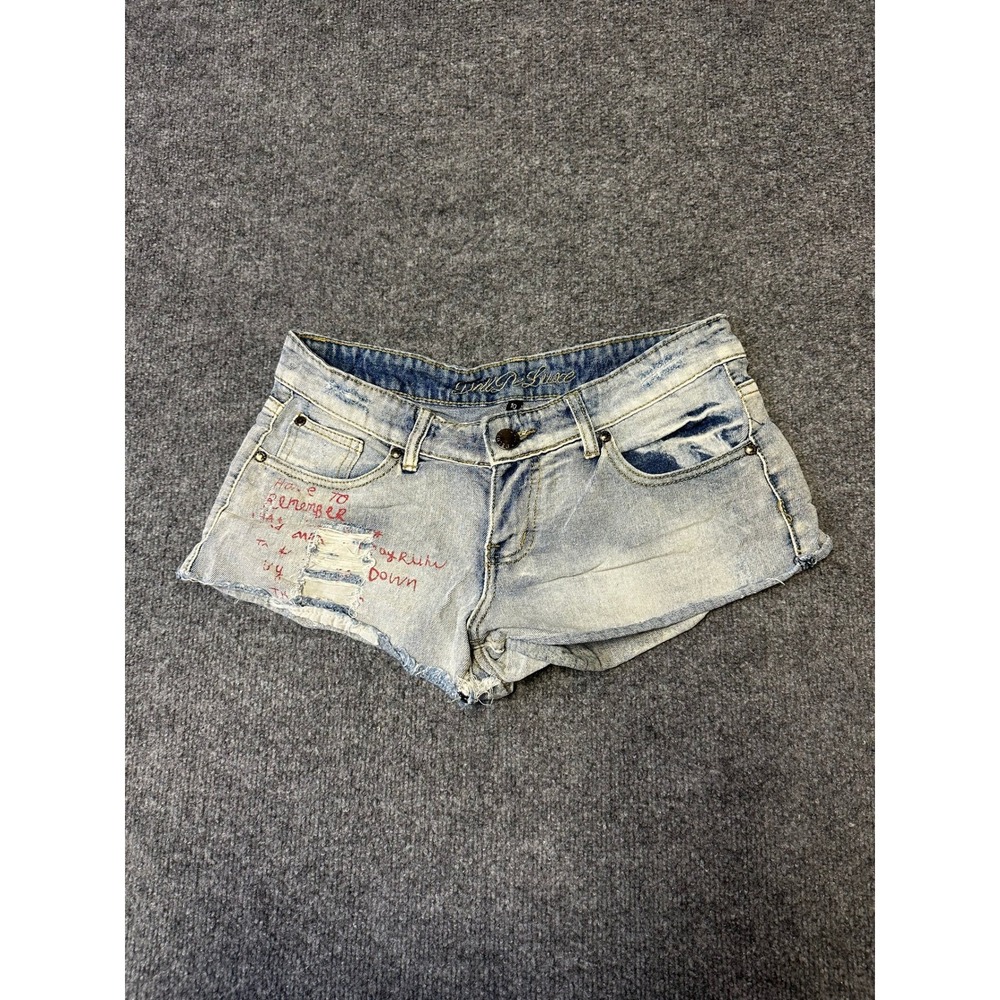 Doll De Luxe Shorts Womens Size 10 Light Wash Distressed Embroidered Splatter